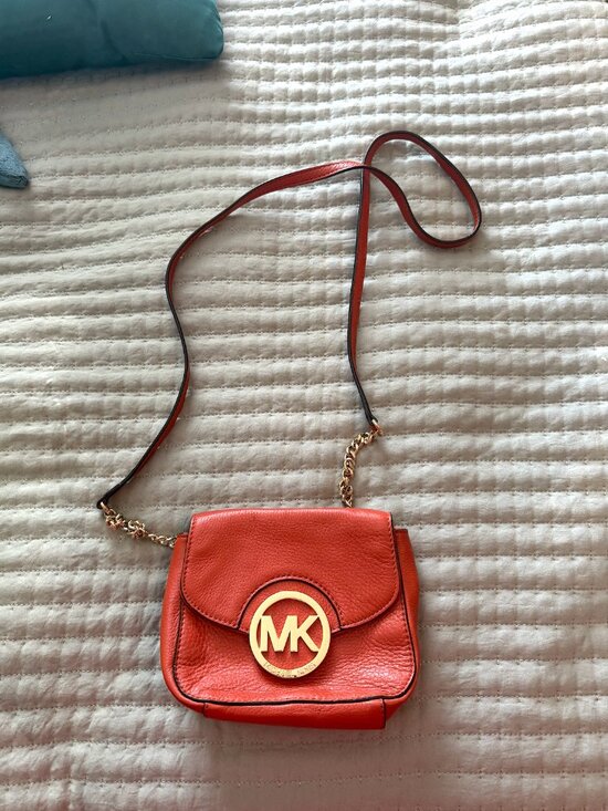 Michael Kors Handbags - Michael Kors Orange Leather Crossbody Bag Gold MK Logo